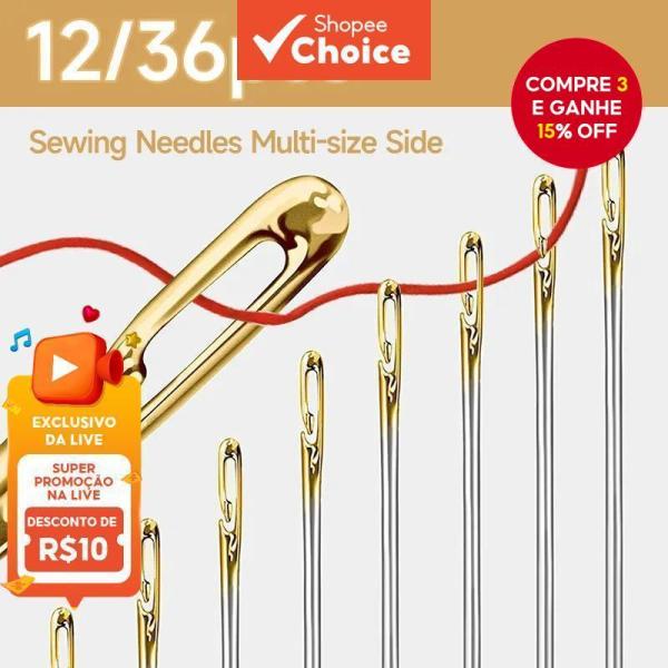 12/36PCS Agulhas de Costura Multi-Tamanho com Abertura Lateral Ferramentas de Costura Aço Inoxidável