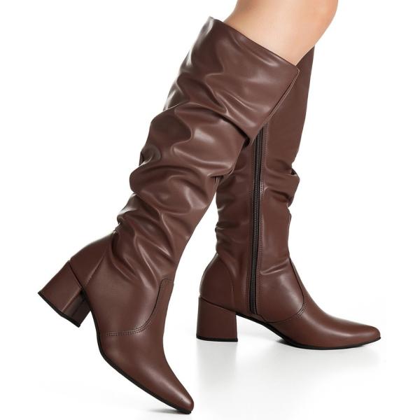 Bota Feminina GiGiL Cano Longo Errugado Slouch Bico Fino Salto Bloco Médio Elegante Clássica Casual