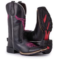 Bota Texana Feminina Country Bico Quadrado Solado De Borracha Bordado Touro Black Pink
