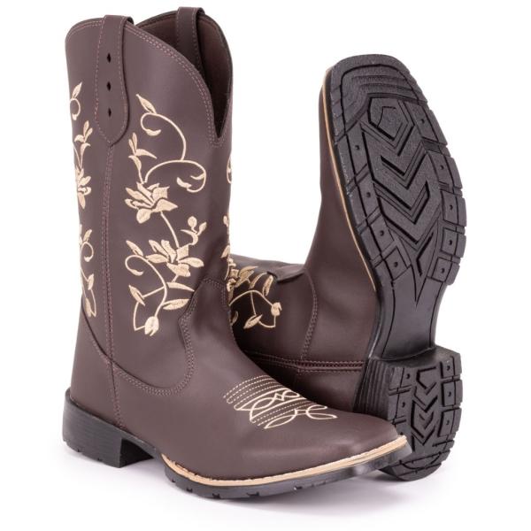 Bota Texana Feminina Country Bico Quadrado Solado De Borracha Ramos Café