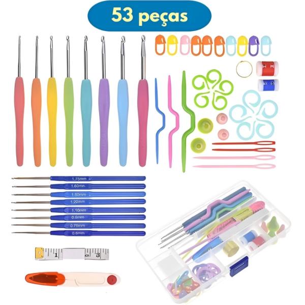 Kit Crochê Completo 53 Peças Para Amiguri Agulhas Tesoura Acessórios Ferramenta
