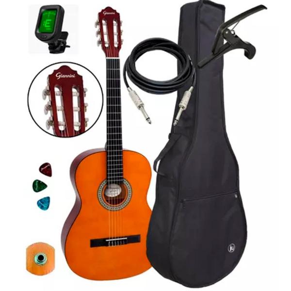 Kit Violao Eletrico Giannini Nylon N14 Natural Completo