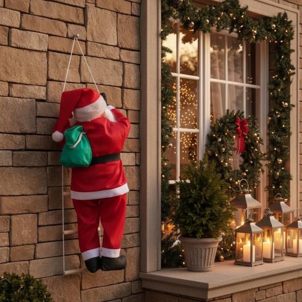 Papai Noel Subindo Escada 60cm Enfeite Varanda Escalador
